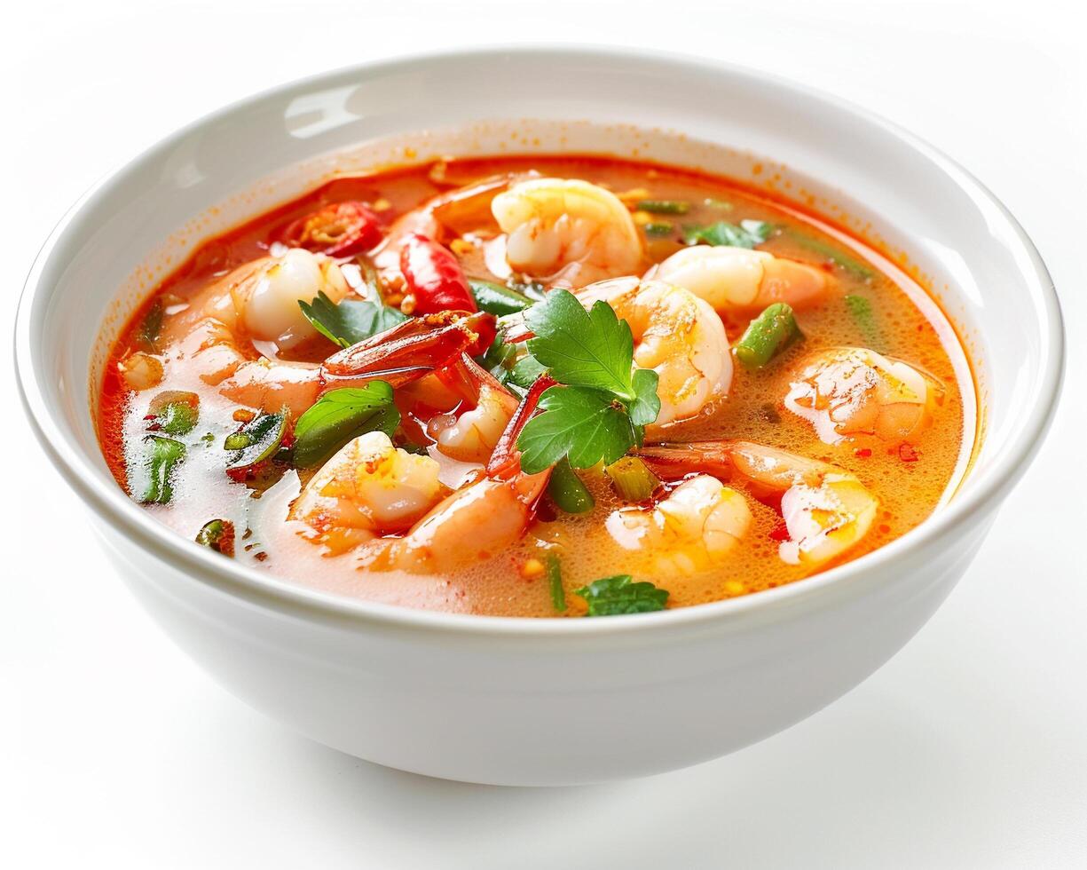 a bowl of soup with shrimp and vegetables photo