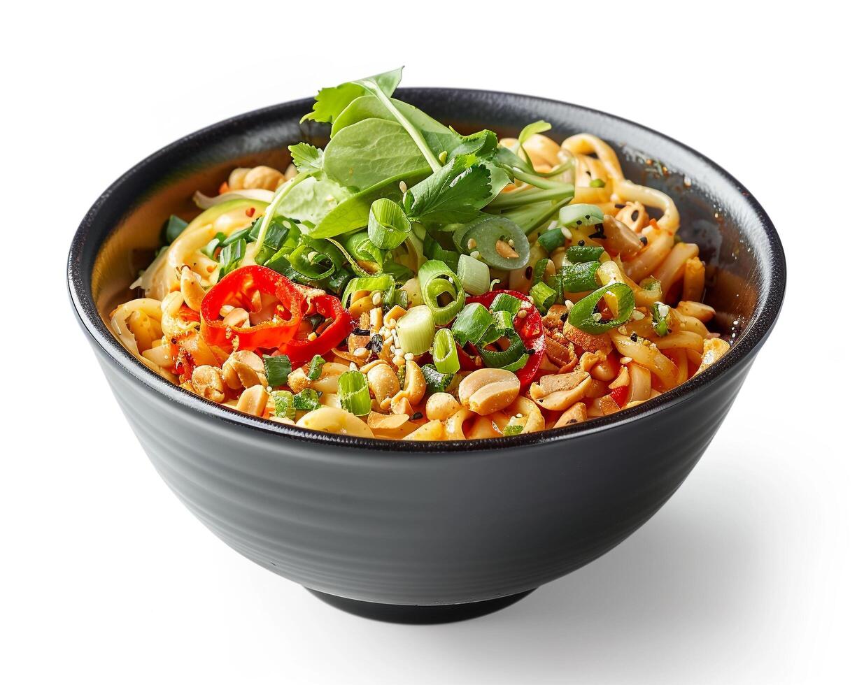 a bowl of noodles with vegetables and herbs photo