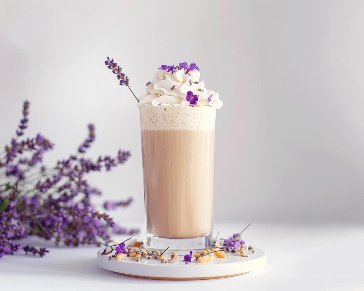 lavender and coffee latte with lavender flowers on white background photo