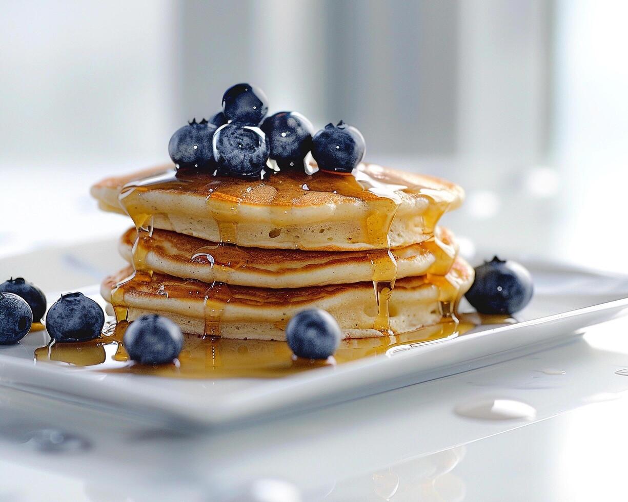 a stack of pancakes with syrup and blueberries photo