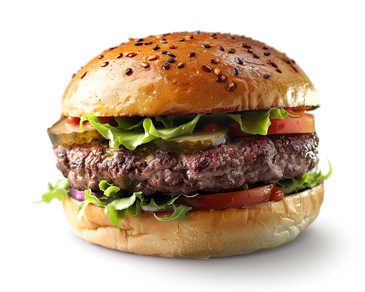 a hamburger with lettuce, tomato, and pickles photo