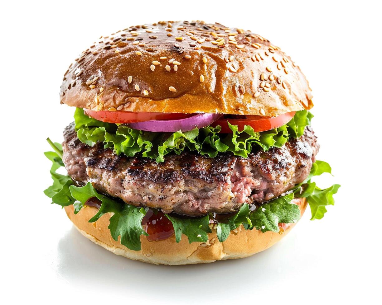 a hamburger with lettuce, tomato and onion photo