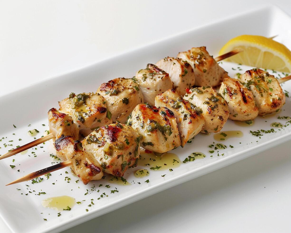 chicken kebabs on a white plate with lemon photo