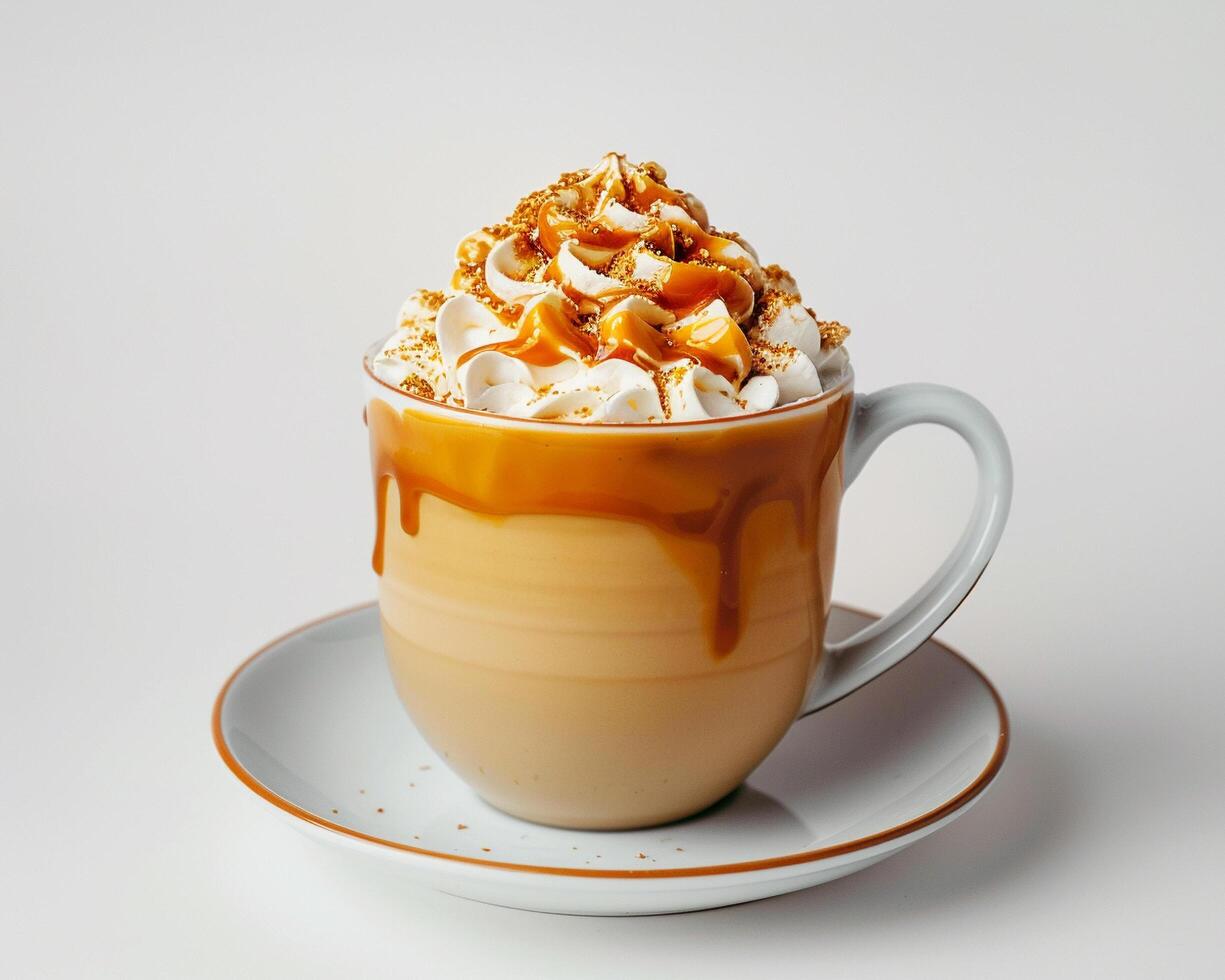 a coffee cup with whipped cream and caramel on top photo