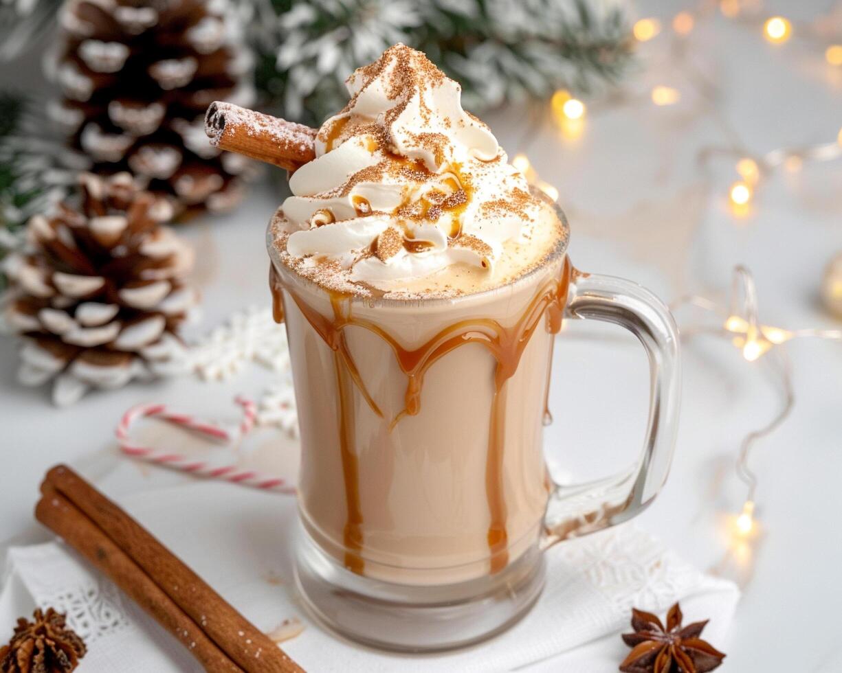 hot chocolate with whipped cream and cinnamon on a white background photo