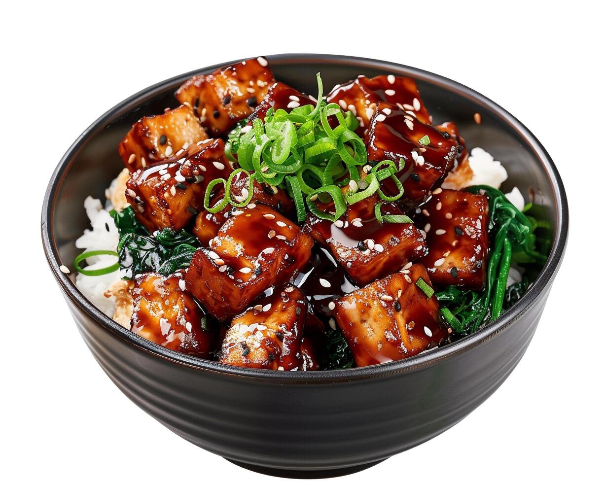 a bowl of asian food with rice and tofu photo
