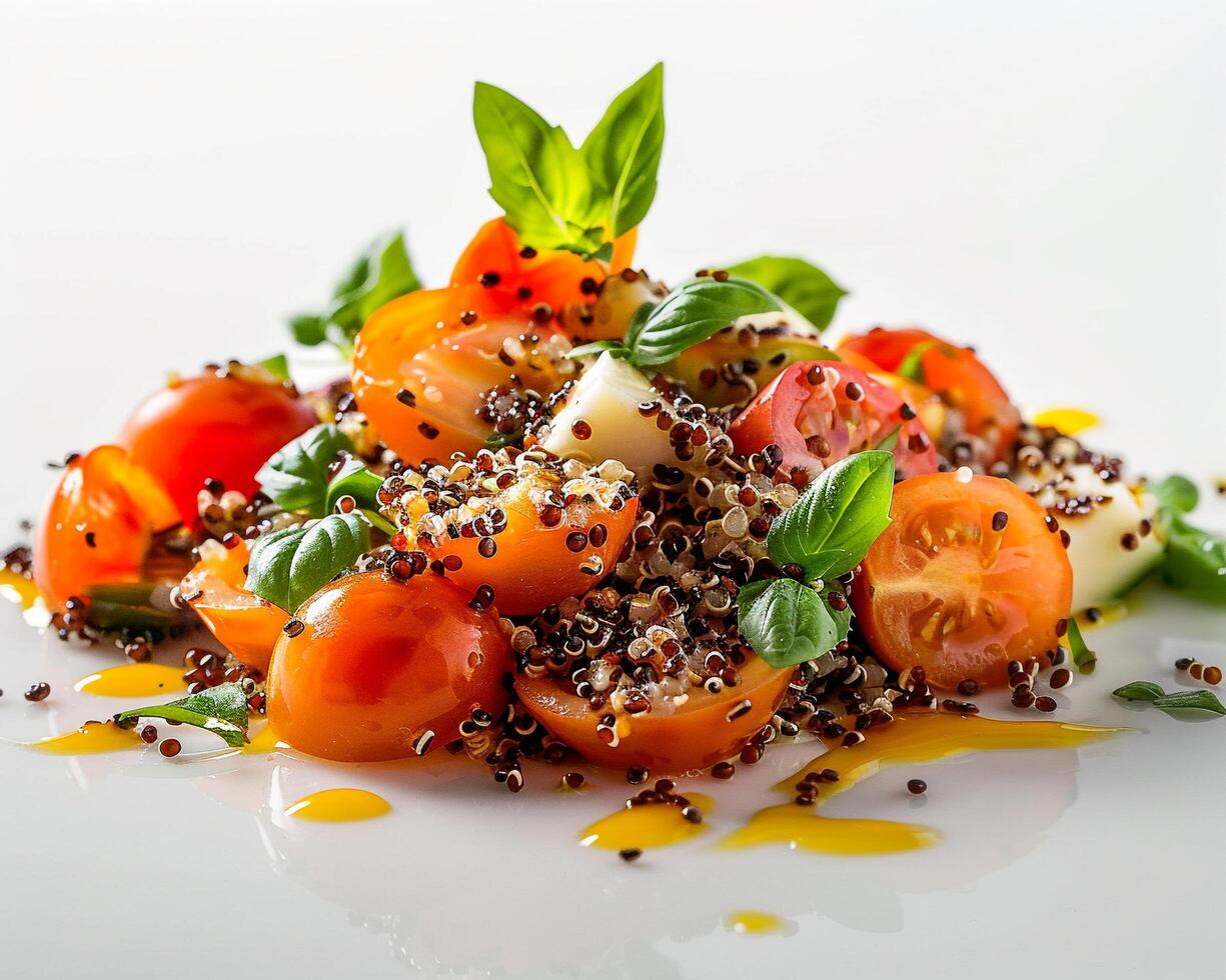 a salad with tomatoes, quinoa, and basil photo