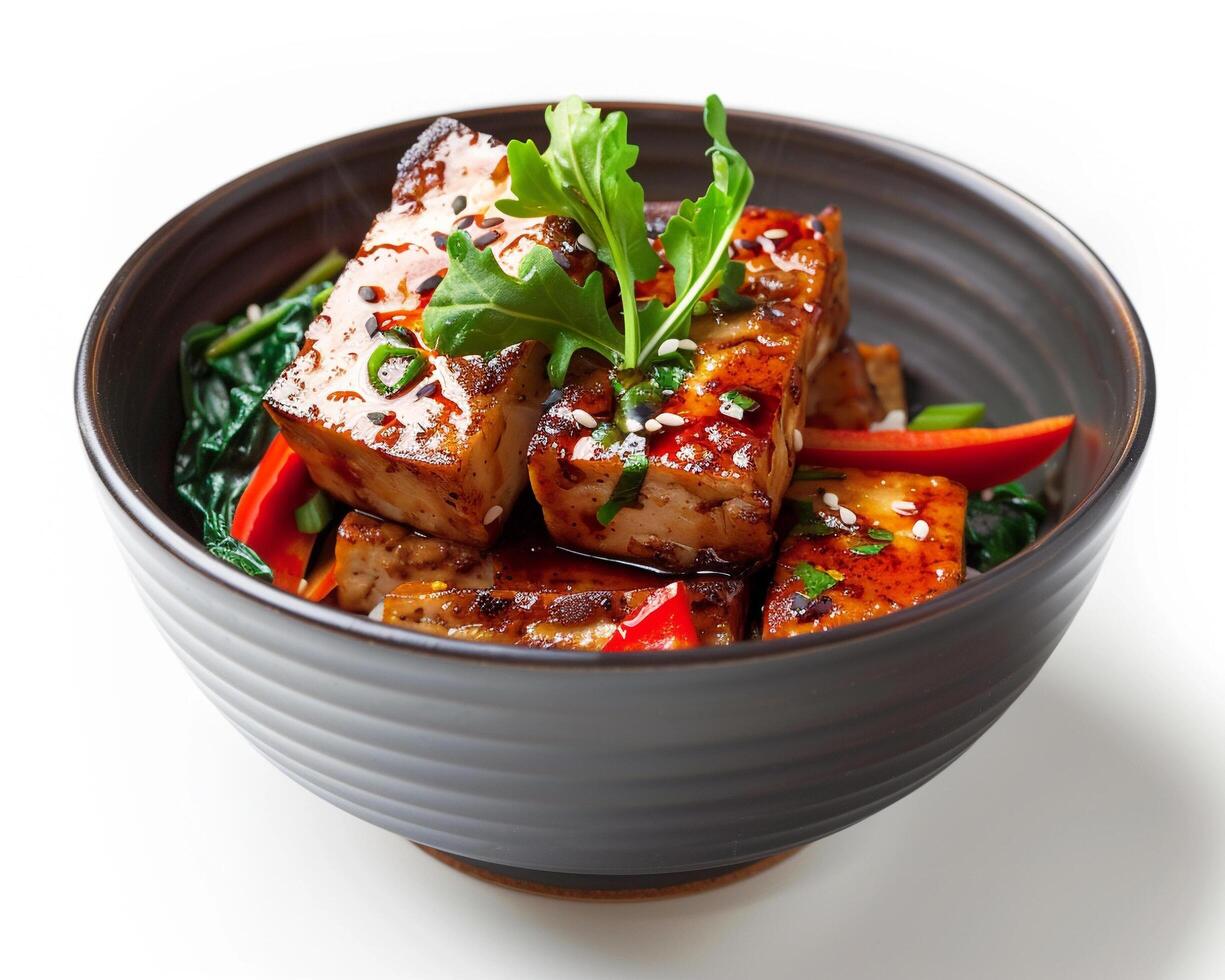 a bowl of tofu with vegetables and herbs photo