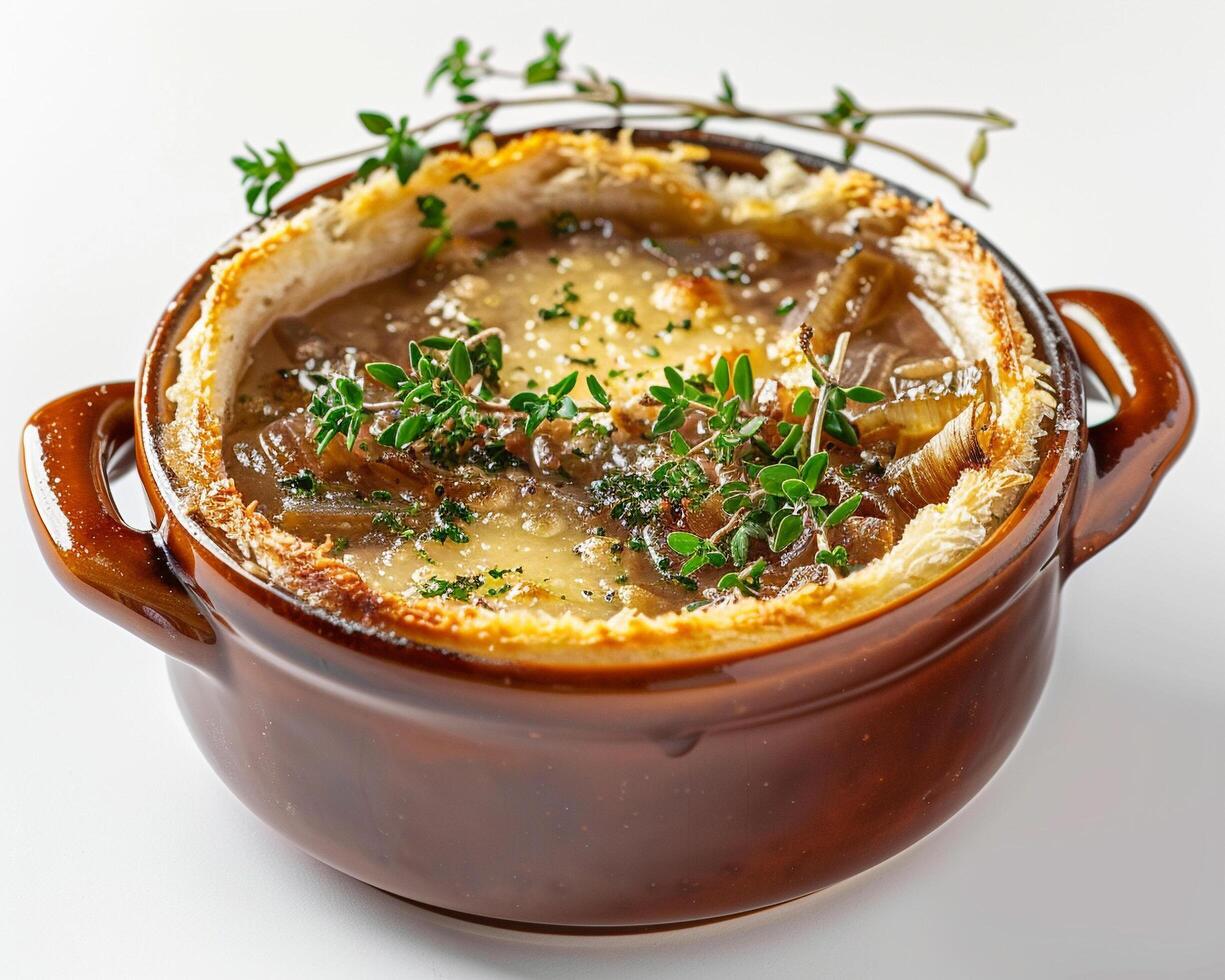 a brown pot with a dish of food photo