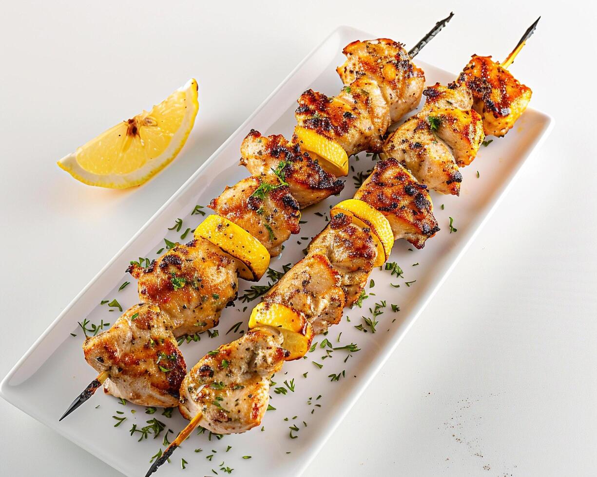 a plate with a skewer of chicken and a lemon photo