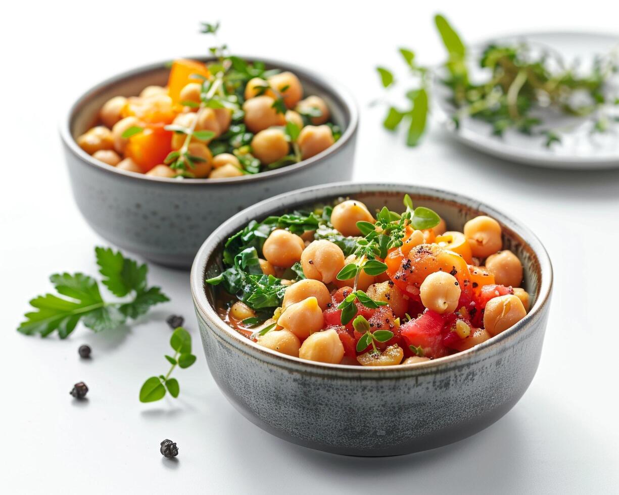 two bowls of food with vegetables and herbs photo