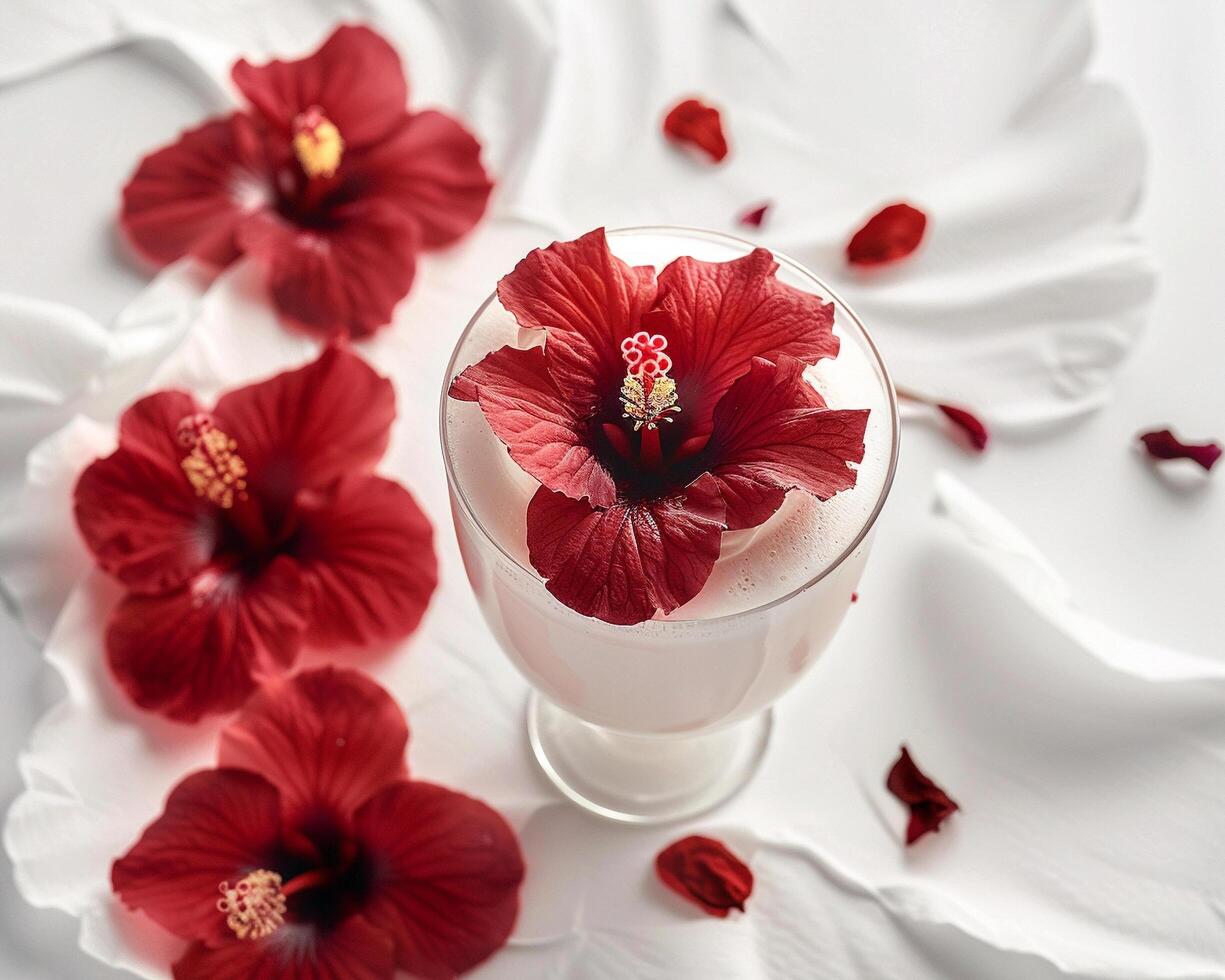a glass of milk with red flowers on top photo