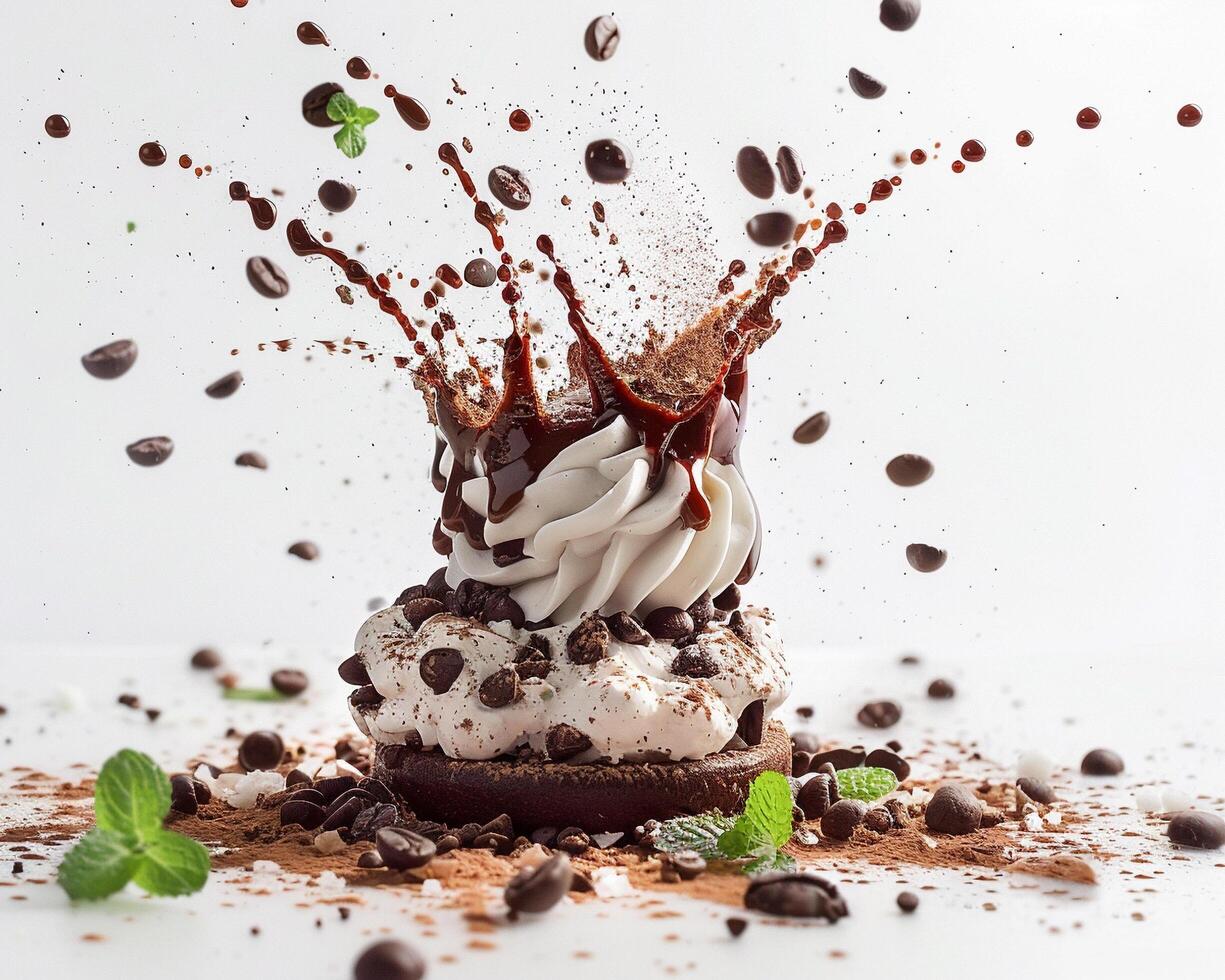 a chocolate cake with whipped cream and chocolate chips photo
