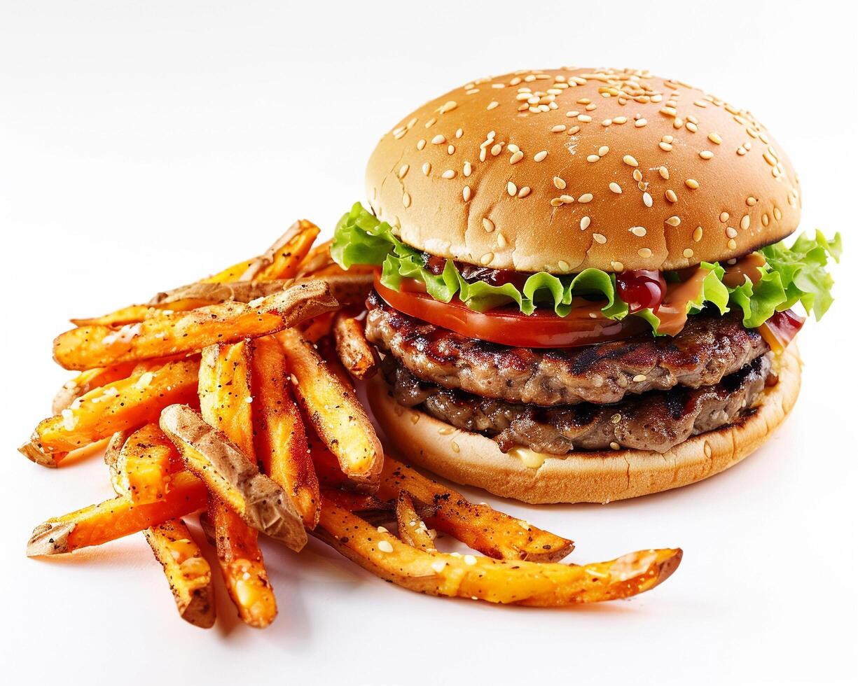 a hamburger and fries on a white background photo