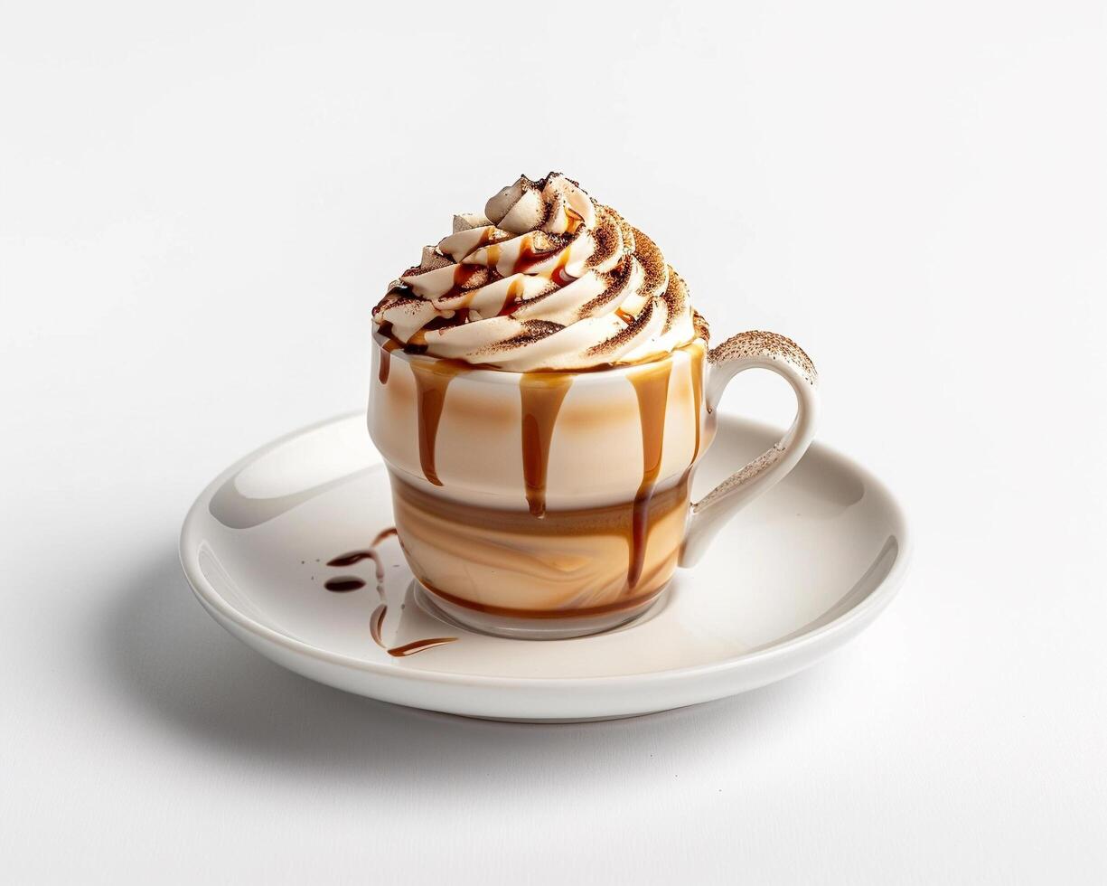 a coffee cup with whipped cream and caramel drizzle photo