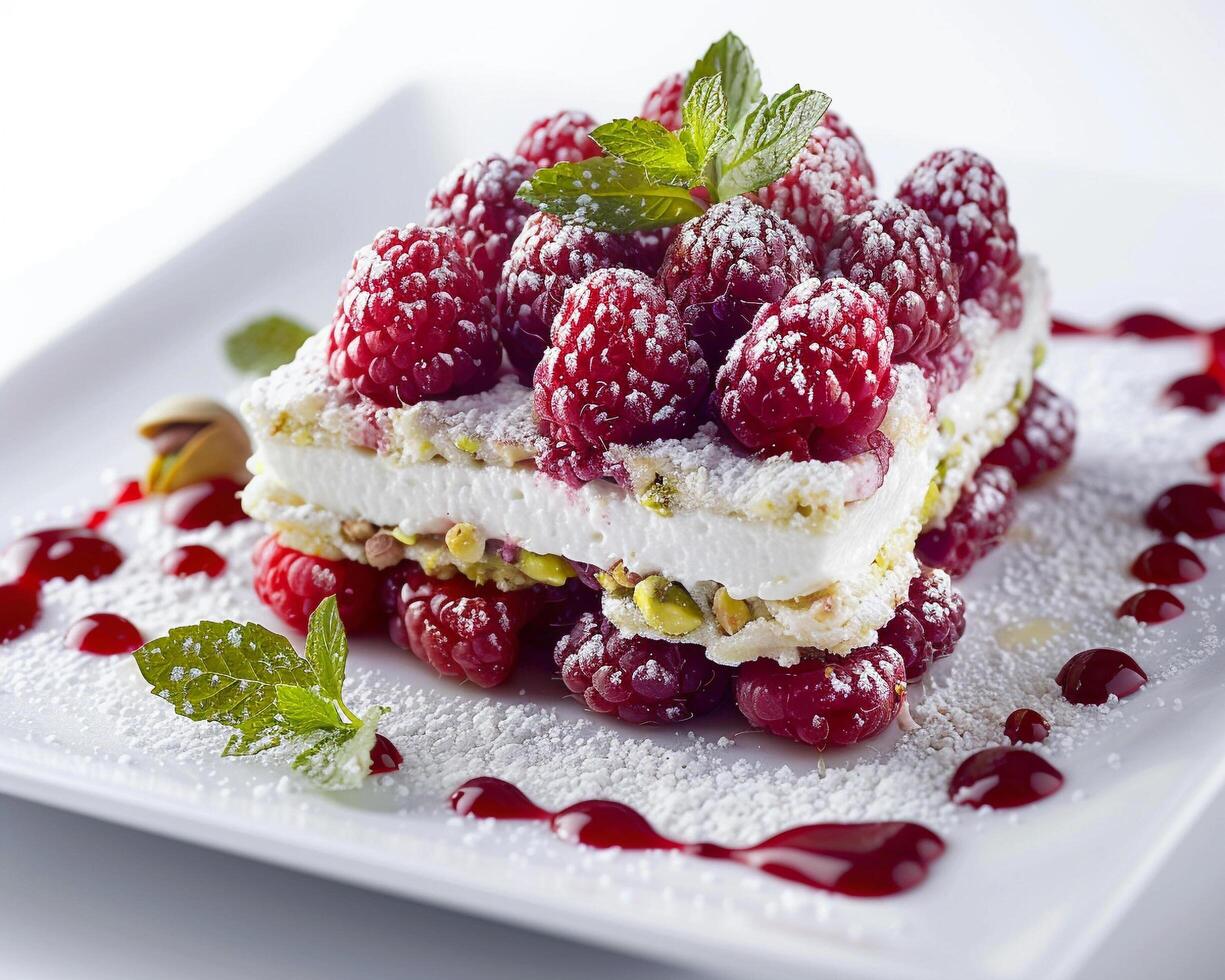 a dessert with raspberries and pistachios photo