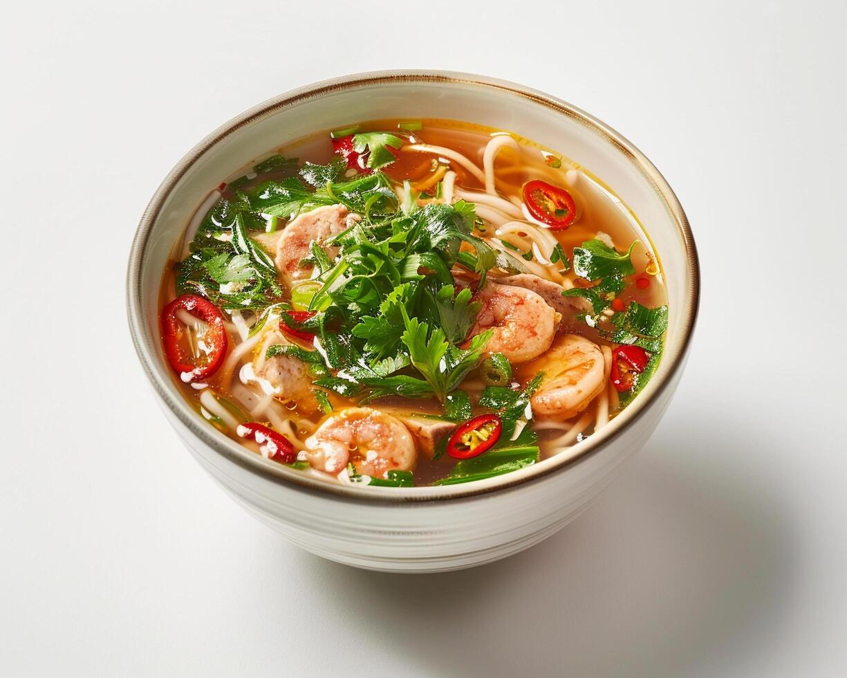 a bowl of soup with shrimp and vegetables photo
