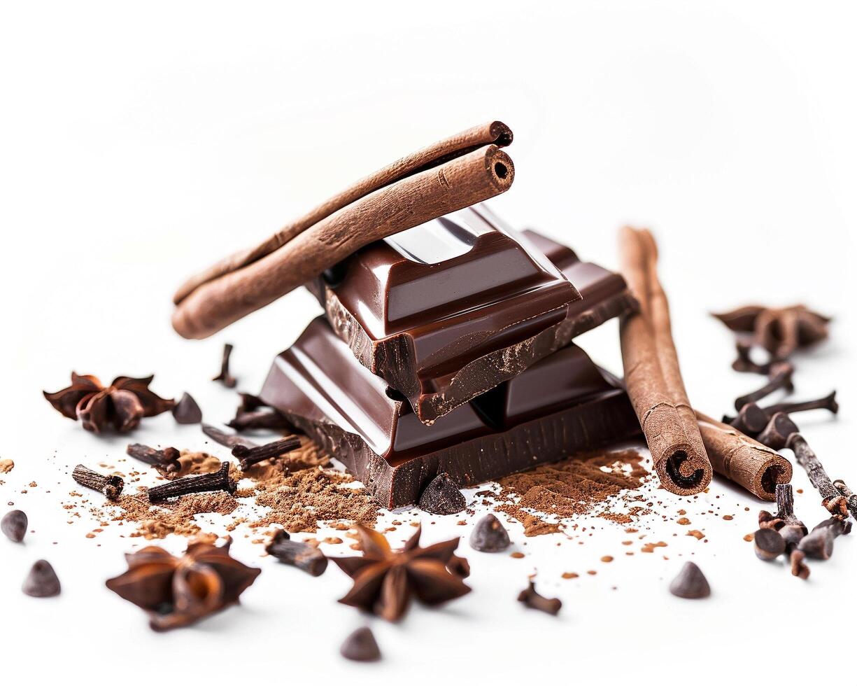 chocolate and spices on a white background photo