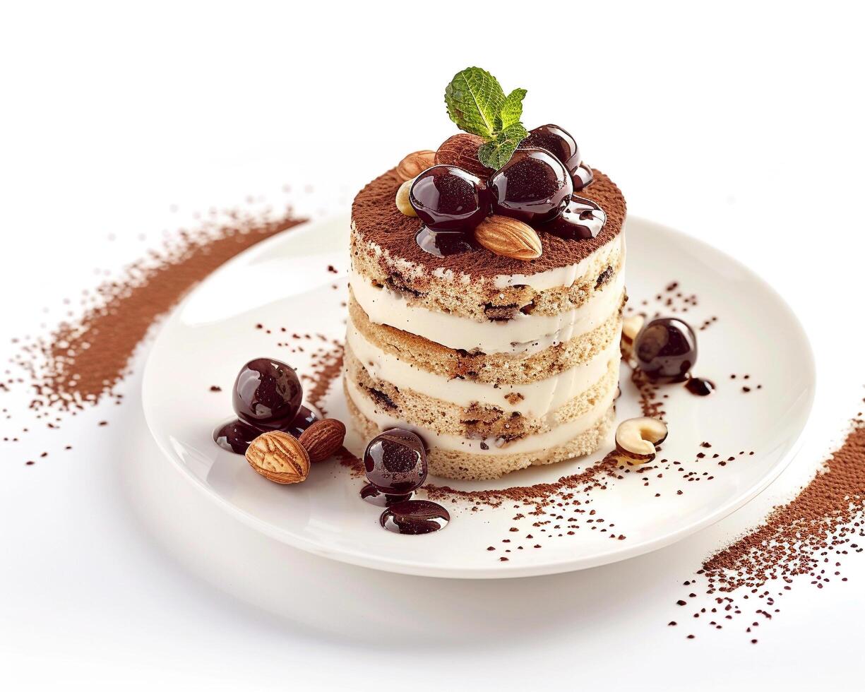 a dessert with chocolate and nuts on a white plate photo