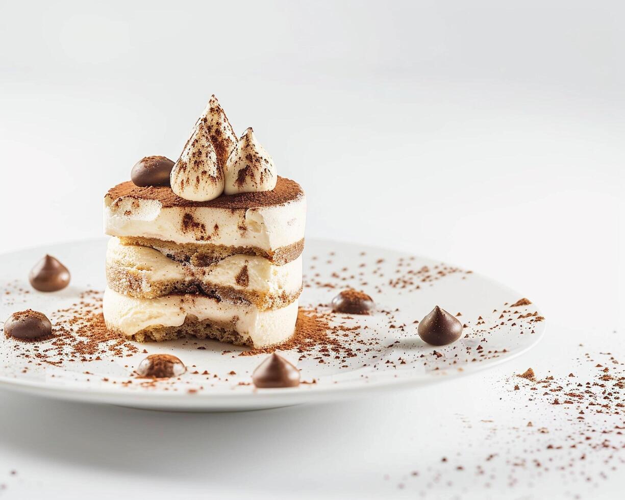 a dessert on a white plate with chocolate and nuts photo