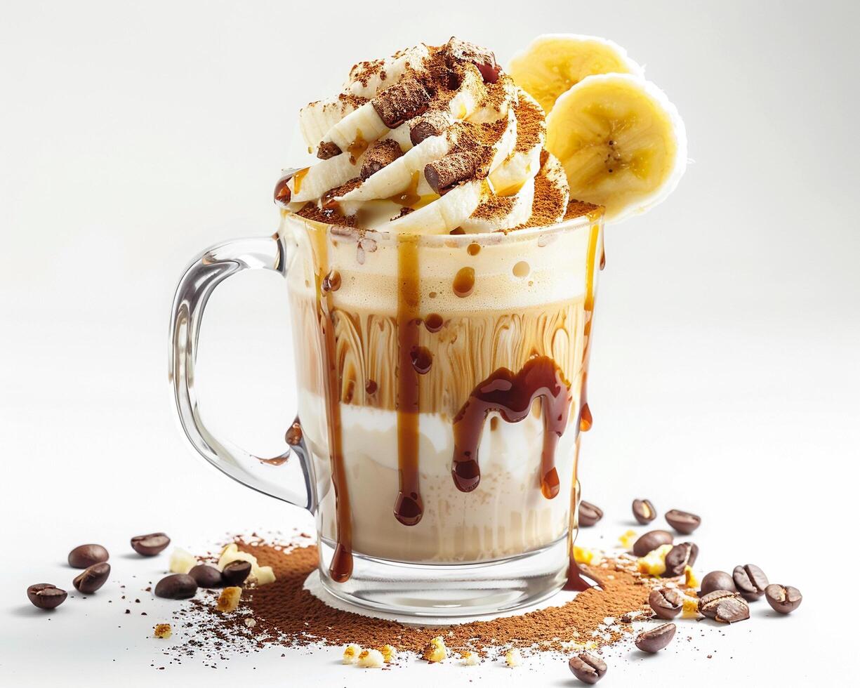 a glass of milkshake with bananas and whipped cream photo