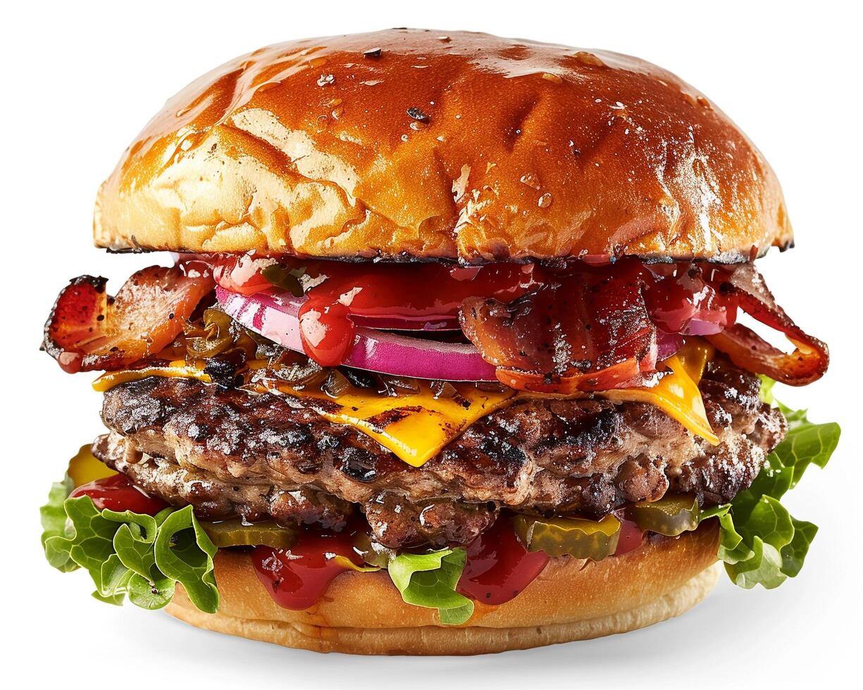 a large hamburger with bacon, cheese and lettuce photo