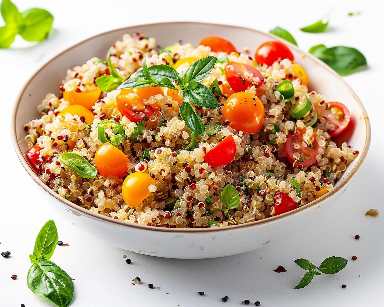 a bowl of quinoa salad with tomatoes and basil photo