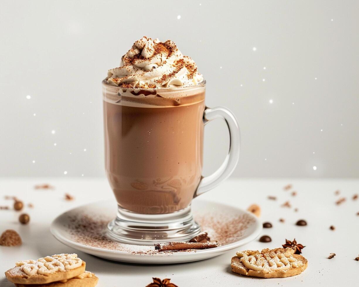hot chocolate with whipped cream and cinnamon on a white background photo