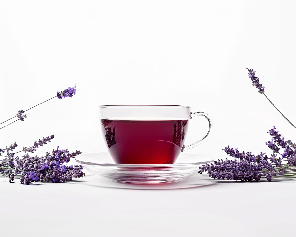 a cup of tea and lavender flowers on a white background photo