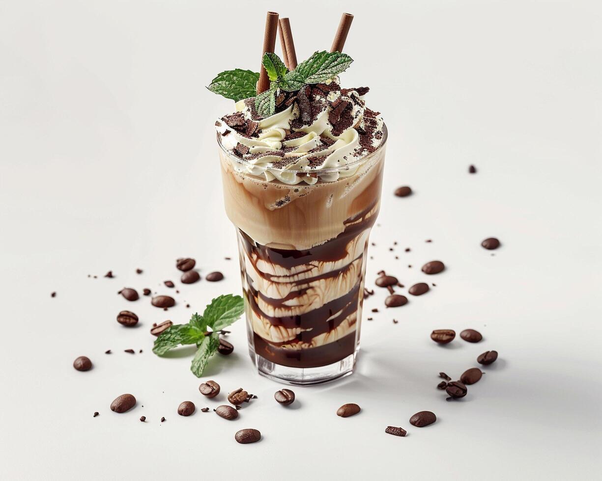 an iced coffee with whipped cream and chocolate photo