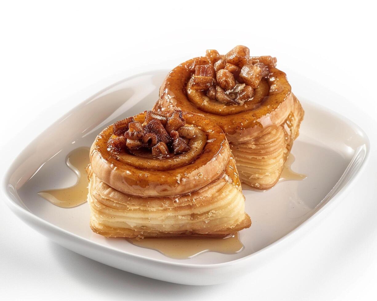 two rolls with caramel syrup on a white plate photo