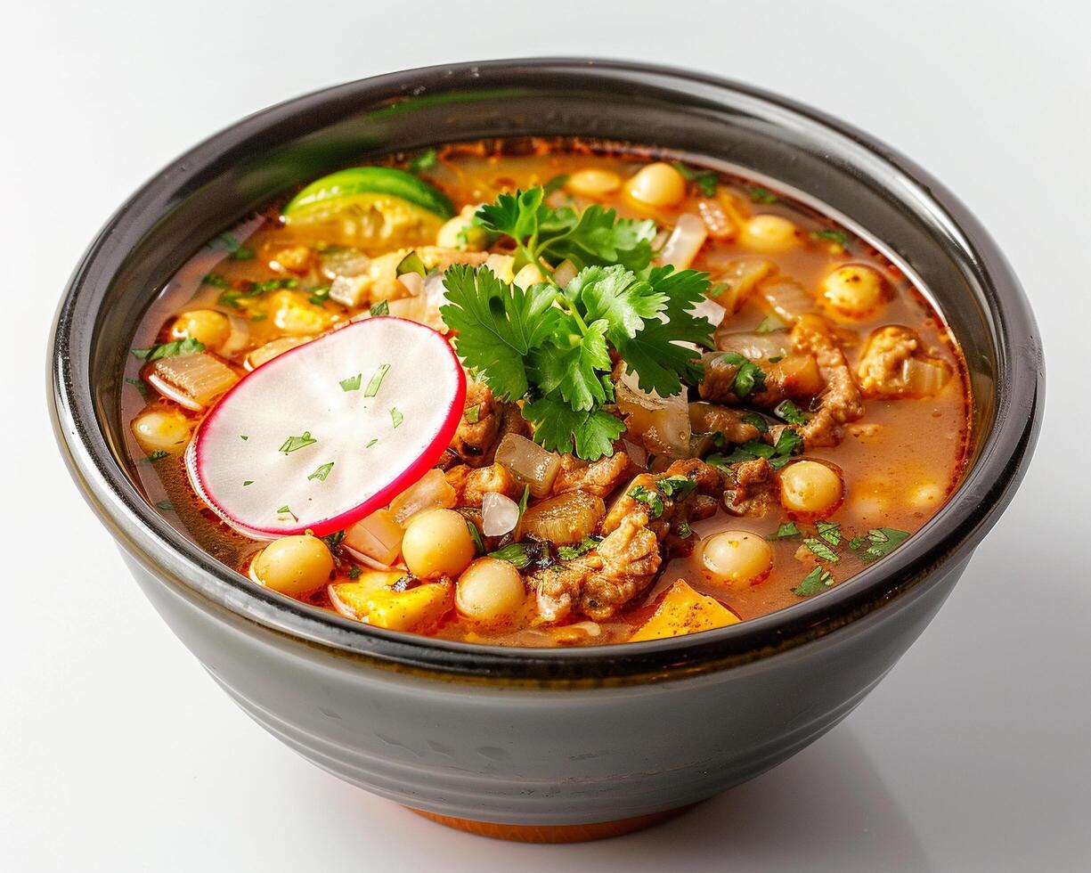 a bowl of soup with meat, vegetables and radishes photo