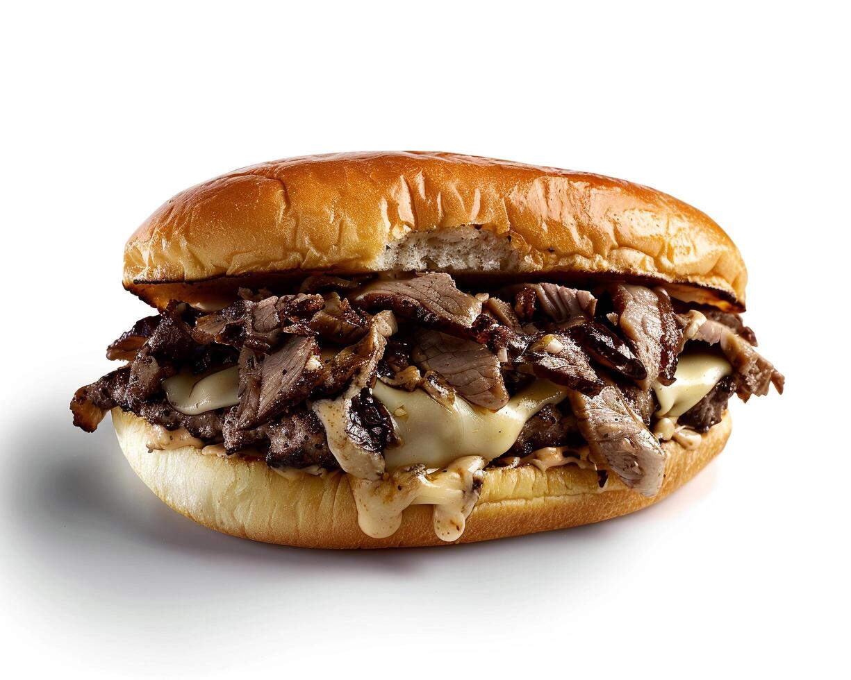 a beef sandwich with cheese and onions on a white background photo