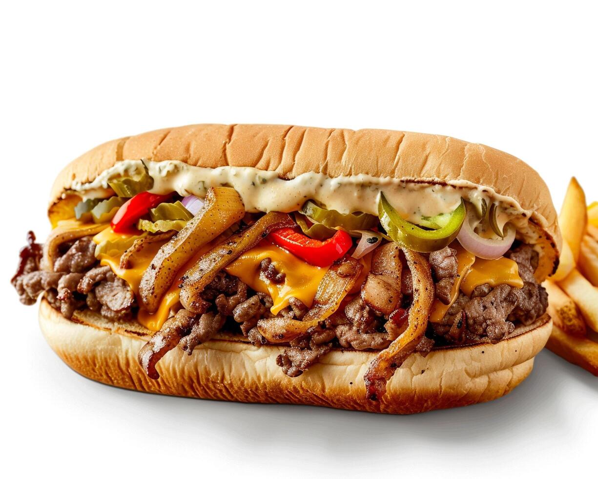 a large sandwich with cheese and meat on a white surface photo