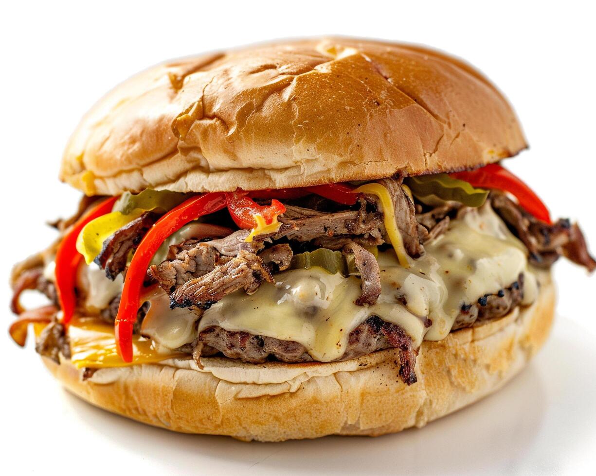 a beef sandwich with peppers and cheese photo