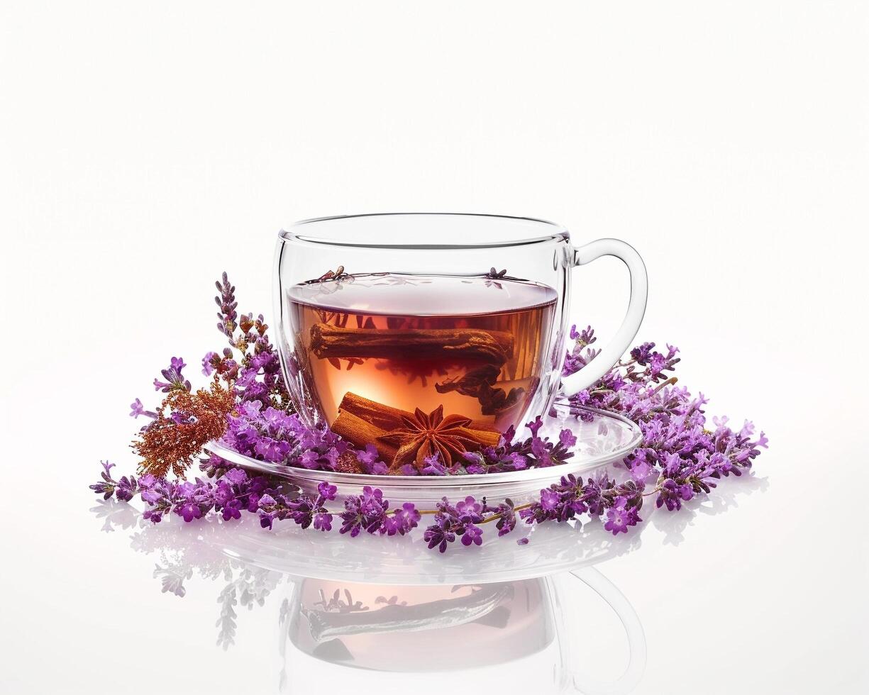 lavender tea with lavender flowers on white background photo