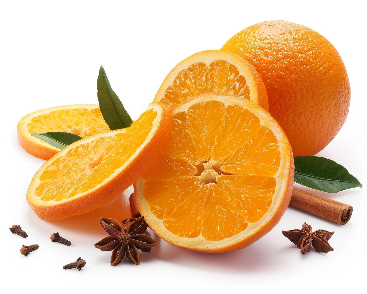 orange slices and spices on a white background photo