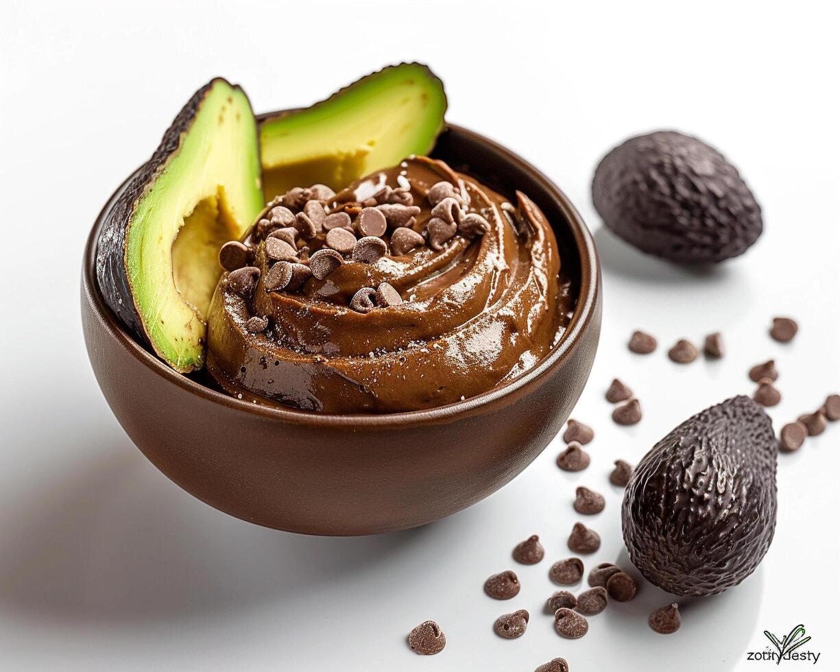 a bowl of chocolate pudding with an avocado photo