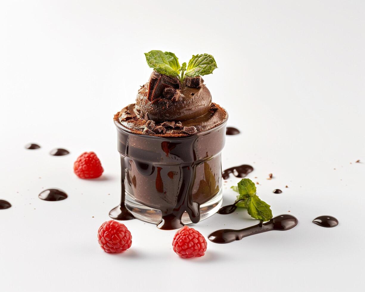 a dessert with chocolate and raspberries photo