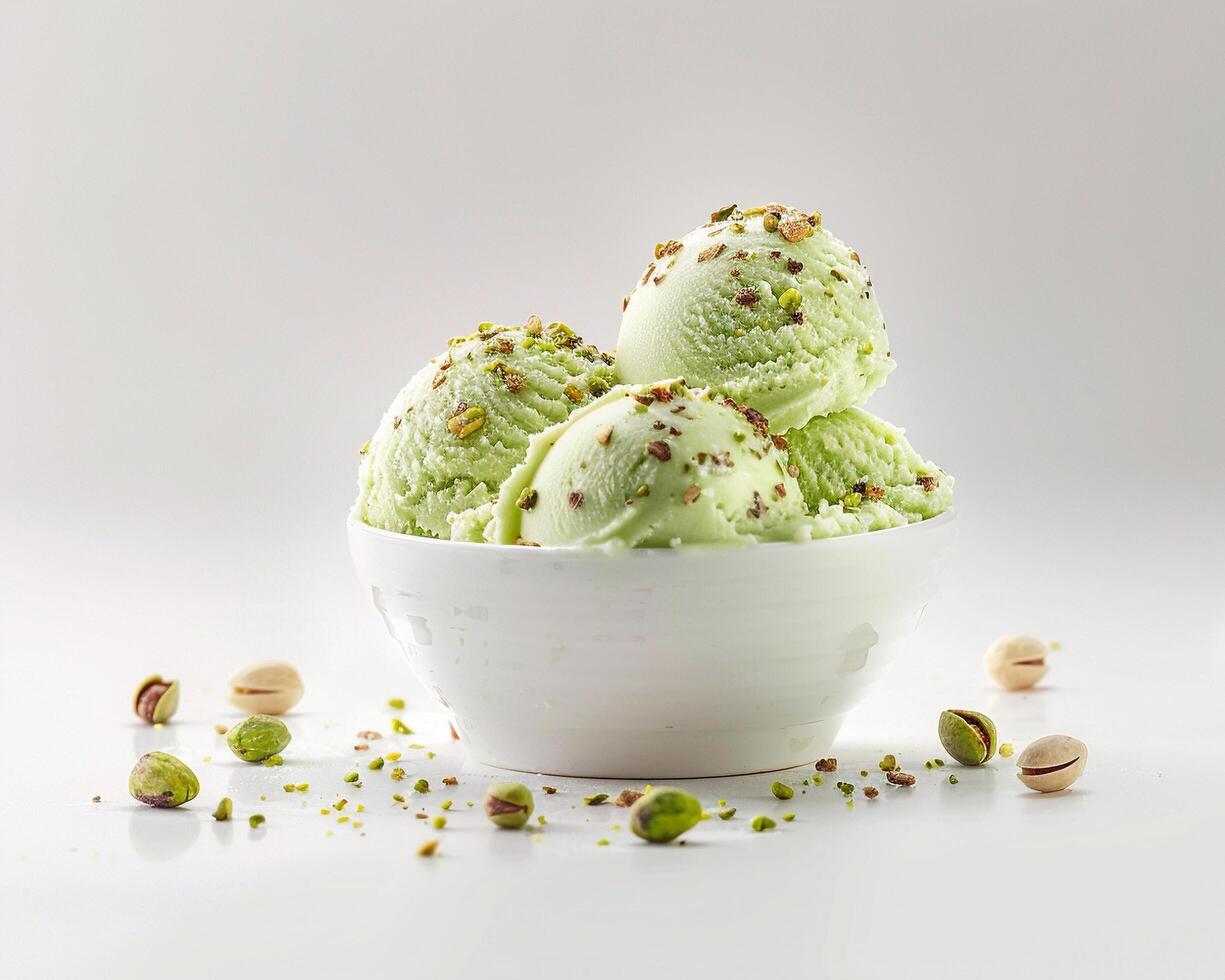 a bowl of pistachio ice cream with nuts scattered around photo