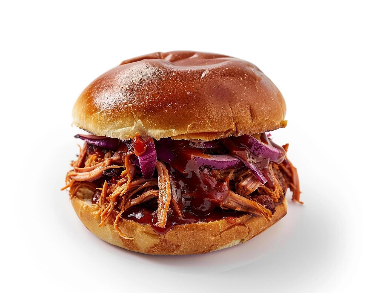 a pulled pork sandwich with red cabbage and slaw photo