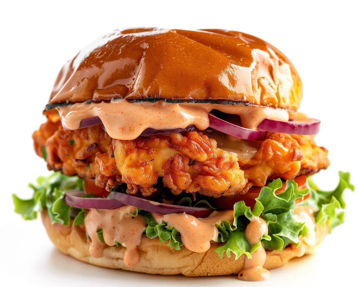 a close up of a burger with a lot of toppings photo