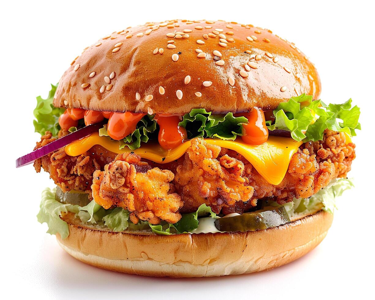 a large burger with cheese and onions photo