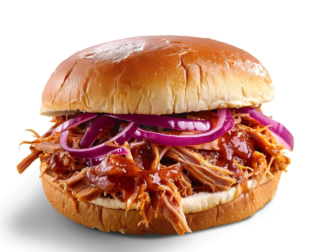 a pulled pork sandwich with onions and red onions photo