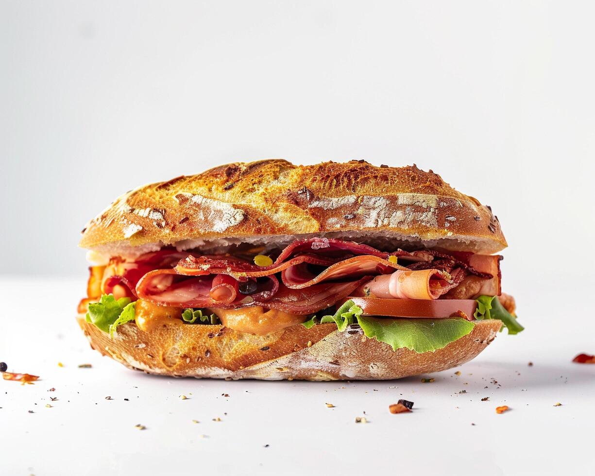 a sandwich with bacon, lettuce and tomato on a white surface photo