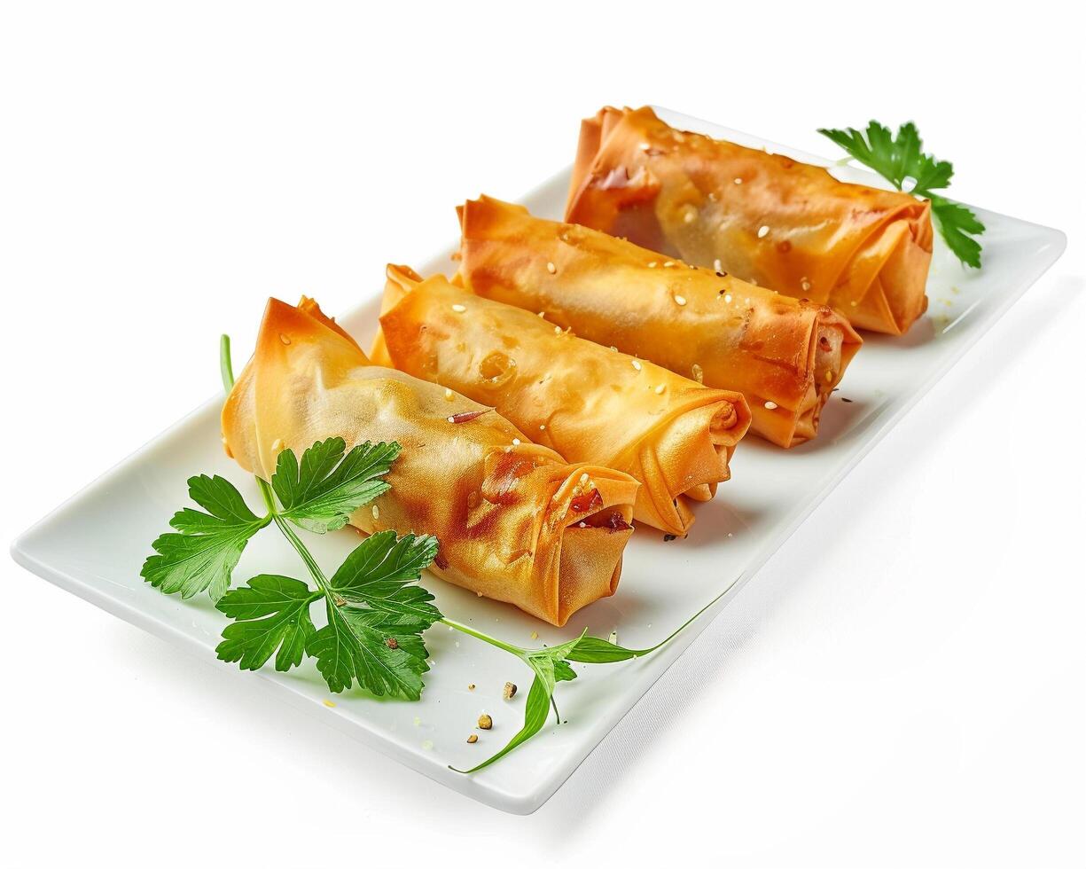 three stuffed vegetable rolls on a white plate photo