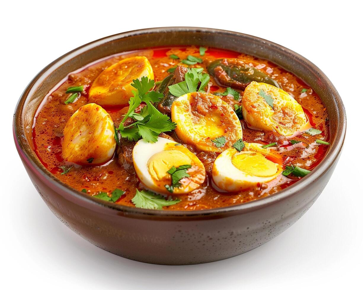 a bowl of stew with eggs and vegetables photo