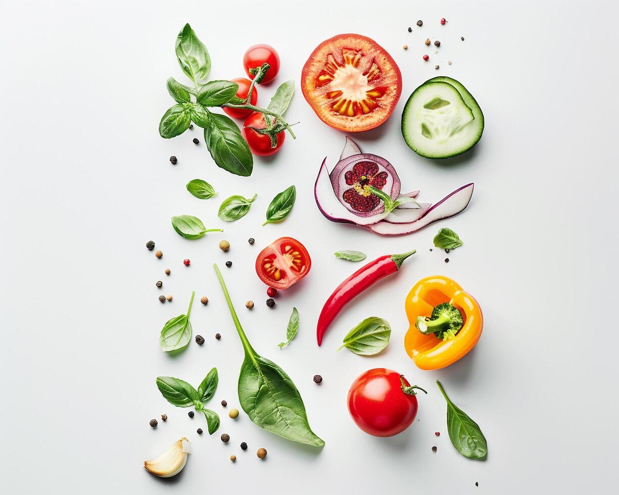 fresh vegetables and herbs arranged in a circle on a white background photo