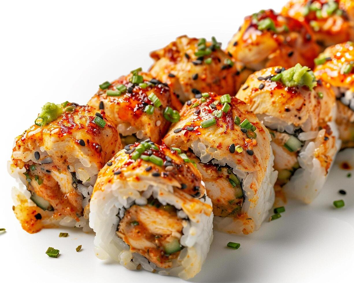 a sushi roll with green onions and sauce photo