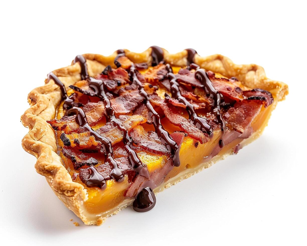 a pie with bacon and chocolate drizzle photo